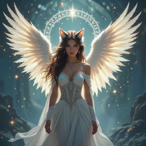 A fantasy-style digital painting depicts a woman with large, glowing white angel wings and cat ears. She wears a flowing white gown adorned with intricate silver details and a delicate necklace. Her long, wavy brown hair cascades around her shoulders. A golden halo-like emblem with a celestial design frames her head, and sparkling stars are scattered around her. The background is a soft, ethereal blue with hints of glowing light and a slightly blurred, fantastical landscape. The overall style is dreamy and magical, emphasizing soft lighting and delicate textures.
