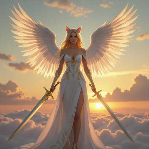 A stunning, AI-generated image features a woman with long, flowing blonde hair and striking cat ears, standing majestically on a cloud. She is adorned in a flowing white dress embellished with intricate gold accents, including a prominent gold emblem on her chest. The dress has a daring slit that reveals her leg, adding to her regal appearance. She wields two large swords, each with a golden hilt, and her arms are further adorned with golden wrist guards. Her wings, a pristine white, are highlighted by the warm glow of the setting sun, which casts a golden hue across the scene. The sky is a mesmerizing blend of blue and orange, with clouds tinged in orange, creating a breathtaking backdrop. The sun, positioned just behind her, enhances the ethereal quality of the image, making it appear as though she is a divine figure emerging from the clouds.