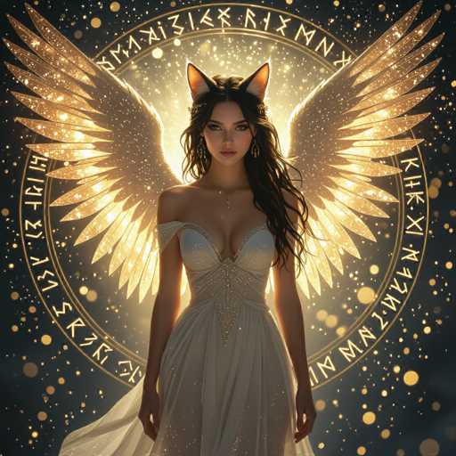A woman with long, dark hair and cat ears stands centered against a glowing golden halo. She wears an off-the-shoulder, shimmering white gown adorned with intricate details and a delicate necklace. Large, golden wings extend from her back, partially obscuring a circular emblem with glowing runes. Sparkling particles and soft light emanate from behind her, creating an ethereal, mystical atmosphere. The overall style is digital art with a fantasy aesthetic, emphasizing soft lighting and detailed textures.