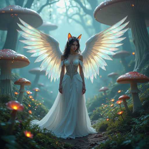 A fantasy scene unfolds in a mystical forest, dominated by a woman with large, iridescent wings and cat ears. She wears a flowing white gown and stands amidst glowing, bioluminescent mushrooms of various sizes. The background is soft and ethereal, with a hazy, dreamlike quality. The art style leans towards digital painting, emphasizing soft lighting and a fantastical atmosphere.
