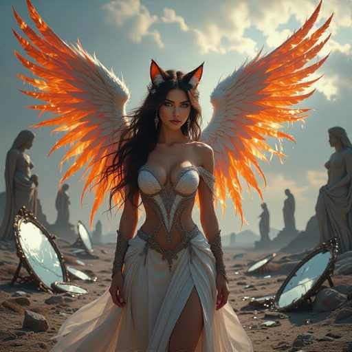 A woman with long, dark hair and fiery orange wings stands in a desolate, desert-like landscape. She wears a white, ornate gown and has cat-like ears. Scattered broken mirrors litter the ground around her, reflecting a serene sky with soft clouds. The overall style is fantastical and ethereal, with a focus on dramatic lighting and a dreamlike atmosphere.