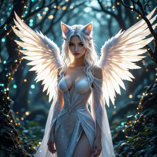 This image is a highly detailed, computer-generated fantasy illustration of a young woman with long, wavy white hair and striking blue eyes. She stands in the center of a dark, enchanting forest, surrounded by trees adorned with twinkling lights in hues of blue, yellow, and orange. The woman is dressed in a form-fitting, silver dress that sparkles with glitter, featuring a deep V-neckline that reveals her cleavage and a high slit on her left leg. Her attire is complemented by a long, white veil that cascades from her shoulders to the ground. She has large, white angel wings extending from her back, and atop her head are cat-like ears with pink insides. Her expression is serious, and she gazes directly at the viewer. The overall scene is bathed in a mystical light, enhancing the ethereal and magical atmosphere of the forest setting.