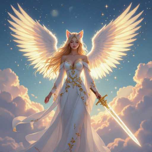 A radiant, ethereal angel with long blonde hair and golden wings stands in a serene, cloud-filled sky. She wears a flowing white gown adorned with golden details and holds a glowing sword. The art style is digital painting, emphasizing soft lighting and a dreamy atmosphere.