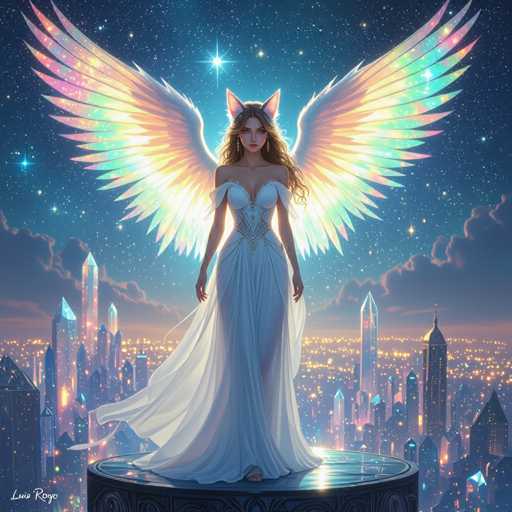 The image is a detailed, computer-generated illustration of a woman standing on a circular platform high above a futuristic cityscape. The woman, who has long, wavy blonde hair cascading down her back, is adorned in a strapless, white gown that features a corset-like bodice and a flowing skirt. She has large, rainbow-colored wings extending from her back, with feathers that transition from white at the base to vibrant shades of yellow, green, blue, pink, and purple at the tips. Her ears are pointed and cat-like, adding a fantastical element to her appearance. She stands with her arms at her sides, gazing directly at the viewer. The background reveals a sprawling city with tall, illuminated skyscrapers and a sky filled with stars and clouds, suggesting a nighttime setting. The artist's signature, "Luca Roggo," is visible in the bottom left corner of the image.