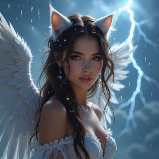 The image depicts a young woman with long, dark brown hair adorned with cat ears, standing against a dramatic, stormy sky. She is wearing a white, lacy dress that reveals her shoulders and chest, and her makeup includes pink lipstick and blush. Her green eyes gaze directly at the viewer. She has white wings with blue sparkles on her back, and a star-shaped earring is visible in her right ear. The background features dark blue clouds, lightning bolts, and rain, creating a mystical and enchanting atmosphere. The overall scene is rich in detail, blending elements of fantasy and realism.