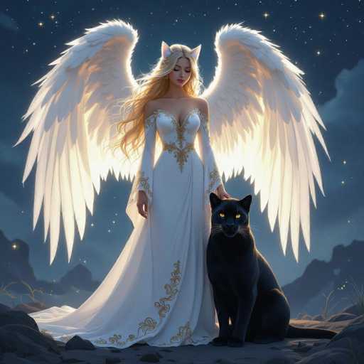 The image depicts a striking, computer-generated scene featuring a woman with long, flowing blonde hair and large, white angel wings extending from her back. She is adorned in a long, elegant white dress with intricate gold embroidery along the bottom hem and sleeves. The dress is low-cut, revealing her shoulders and chest. Her hair cascades down to her waist, and she has a pair of cat ears perched atop her head, adding a whimsical touch to her angelic appearance. 

The woman stands on a rocky surface, her gaze directed downward, exuding a serene and contemplative aura. Beside her, a majestic black panther with piercing yellow eyes sits, its tail curled around its body. The panther's presence adds an element of mystery and power to the scene.

The background is a dark, starry night sky, with clouds and distant mountains silhouetted against the celestial backdrop. The overall atmosphere is ethereal and enchanting, blending elements of fantasy and mysticism.