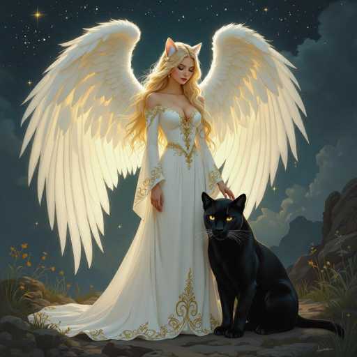 This detailed illustration depicts a striking fantasy scene featuring a woman with cat-like attributes. She has long, flowing blonde hair and is adorned with large, white angel wings that extend from her back. Her attire is a long, elegant white dress with intricate gold embroidery along the hem and sleeves, which are off the shoulder. The dress is form-fitting, accentuating her figure, and has a deep neckline. She also wears cat ears, adding to her feline appearance.

The woman stands on a rocky outcrop, with a black panther or bobcat by her side, its piercing yellow eyes fixed on the viewer. The background is a dark, starry night sky with clouds, creating a mystical atmosphere. Surrounding them are yellow flowers and patches of grass, adding a touch of color to the scene. The overall composition is rich in detail, blending elements of fantasy and nature to create a captivating image.