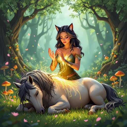 A serene fantasy scene unfolds: a woman with cat ears and long dark hair sits atop a white horse in a sun-dappled forest clearing. The woman, adorned in a golden and green outfit, holds her hands together as golden energy flows from the horse's body. Lush green grass and glowing mushrooms surround them, with pink petals drifting in the air. The art style is digital painting, emphasizing soft lighting and a magical, dreamlike atmosphere.