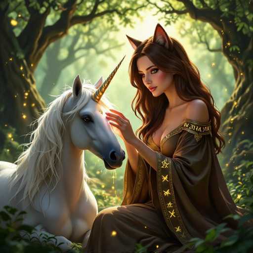 In this captivating fantasy illustration, a young woman with long, flowing brown hair and striking cat ears sits gracefully in a lush forest. She wears a flowing brown dress adorned with intricate gold embroidery along the sleeves and hem, exuding an ethereal charm. Her delicate features are highlighted by pink blush on her cheeks and a soft smile as she tenderly pets a majestic white unicorn beside her. The unicorn, with its golden horn and flowing white mane, gazes back at her with a gentle expression. The scene is set against a backdrop of towering trees and vibrant greenery, with magical golden stars and sparkles floating around them, adding to the enchanted atmosphere. The woman's dress features a unique design, with one strap elegantly draped over her shoulder, enhancing the overall mystical and serene ambiance of the image.