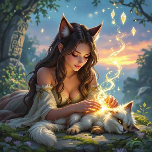 In this captivating fantasy illustration, a young woman with long, wavy brown hair and fox-like ears is depicted lying on a stone slab in a lush, mystical forest. She wears a flowing white dress adorned with gold accents and a corset-like top. Her right hand rests gently on the head of a white cat with striking yellow eyes, which gazes back at her. The cat's ears also resemble those of a fox, and its tail is curled around its body. Surrounding them are vibrant flowers and lush greenery, adding to the enchanting atmosphere. Above them, the sky is a mesmerizing blend of blue, purple, and orange hues, suggesting either a sunrise or sunset. Scattered around the cat are glowing yellow diamonds and swirls of magical light, enhancing the ethereal quality of the scene. The woman's serene expression and the mystical elements around them create a sense of wonder and enchantment.