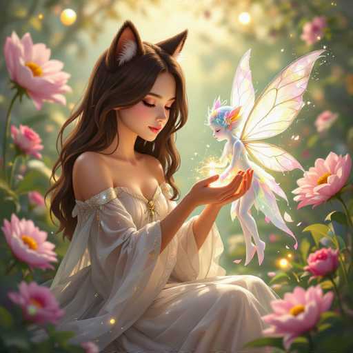 In this enchanting, computer-generated fantasy scene, a young woman with long brown hair and cat-like ears sits gracefully in a lush garden. She wears a sheer, white dress adorned with gold accents, exuding an ethereal charm. Her eyes are closed, and she gazes downward with a serene expression, her hands gently cupped together. From her palms, a magical light emanates, forming a delicate fairy. This fairy, with translucent wings that shimmer in shades of pink, purple, and blue, has a body that glows with a similar iridescence. She wears a crown made of flowers and has a tail that matches the colors of her wings. The fairy looks up at the woman with admiration, adding to the mystical atmosphere. Surrounding them are vibrant pink flowers with yellow centers, and the background is a soft blur of green foliage and glowing orbs, enhancing the dreamlike quality of the image.