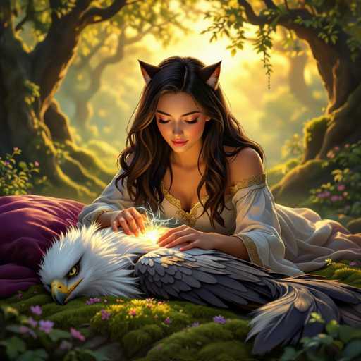 In this captivating fantasy illustration, a young woman with long, dark brown hair and pointed cat ears is depicted lying on a lush bed of grass adorned with pink and yellow flowers. She wears a flowing white gown with intricate gold trim and a low-cut neckline, exuding an ethereal beauty. Her eyes are closed as she gently cradles a majestic bald eagle, its head resting on a purple pillow beside her. The eagle, with its piercing yellow eyes and regal posture, appears to be receiving a mystical touch from the woman's hand, which emanates a radiant light. The background is a dreamy forest with towering trees and a golden light filtering through the foliage, adding to the enchanting atmosphere of the scene.