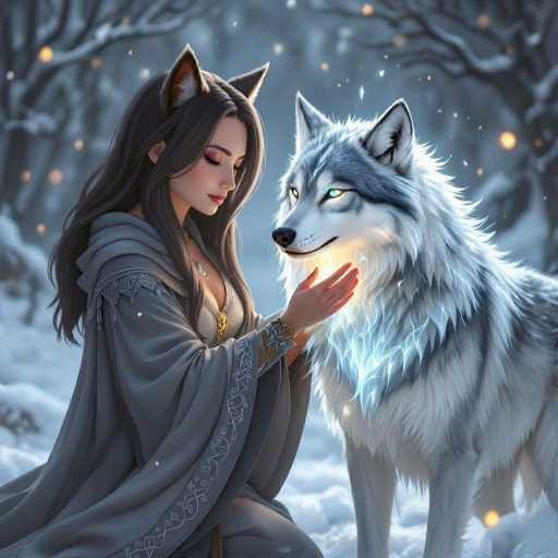 In this captivating fantasy illustration, a young woman with long, dark hair and striking cat ears is depicted kneeling in a snowy forest. She wears a gray cloak adorned with intricate white embroidery along the sleeves and hem, and a gold necklace with a circular pendant. Her eyes are closed, and her head is tilted slightly downward as she cradles the chin of a majestic wolf beside her. The wolf, with its piercing green eyes and a mix of gray and white fur, gazes back at her. Its chest is illuminated by a mystical light, and blue lightning-like energy crackles around its neck. The background features blurred trees dusted with snow, and small, glowing yellow orbs float in the air, adding to the enchanting atmosphere. The woman's attire and the wolf's ethereal appearance suggest a deep, magical bond between them, enhancing the overall fantasy theme of the image.