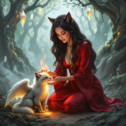 In this captivating fantasy illustration, a young woman with long, dark brown hair and fox-like ears kneels gracefully on the ground. She is adorned in a flowing red dress that complements her mystical aura. Her eyes are closed, and a serene smile graces her face as she cradles a small, white fox with delicate wings in her lap. The fox gazes up at her with curious eyes, while a radiant beam of light emanates from her hand, enveloping the fox in a warm glow.

The setting is a mystical forest, with gnarled trees on either side of her, their branches adorned with glowing crystals that cast a soft, ethereal light over the scene. The forest floor is scattered with leaves and patches of grass, adding to the enchanting atmosphere. The woman's ears, pointed and fox-like, enhance her otherworldly appearance, making her seem as though she is a part of this magical realm. The overall composition exudes a sense of tranquility and wonder, drawing viewers into this enchanting world.