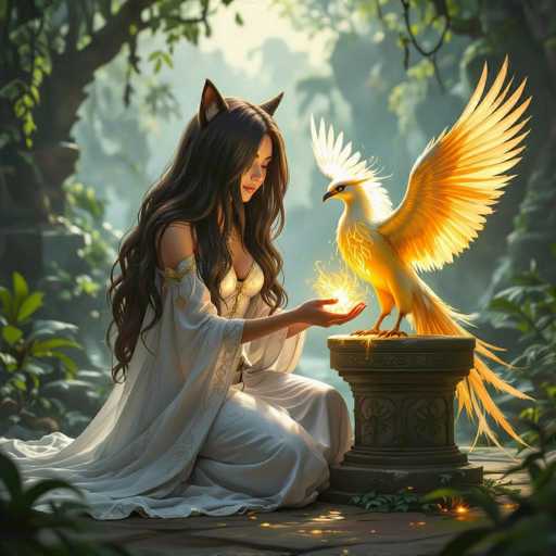 In this captivating fantasy illustration, a young woman with long, flowing brown hair and fox-like ears sits gracefully on the ground, adorned in a flowing white gown. Her serene expression is focused on a magnificent golden bird perched on a stone pedestal before her. The bird, with its wings spread wide and head turned towards her, appears to be engaged in an enchanting exchange. The woman's outstretched hand cradles a glowing orb of light, which emanates from the bird's beak, casting a magical aura over the scene. The background is a misty forest, with sunlight filtering through the trees, creating a mystical atmosphere that enhances the ethereal quality of the moment.