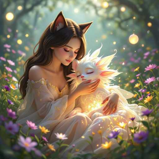 In this enchanting digital artwork, a young woman with long brown hair and cat-like ears sits gracefully in a lush, flower-filled meadow. She is adorned in a sheer, white dress with intricate gold embroidery, exuding an ethereal charm. Cradled in her arms is a small, white creature with delicate pink ears, a pink nose, and closed eyes, emanating a gentle glow from its chest. The scene is set against a backdrop of towering trees and a sky dotted with glowing orbs, adding to the mystical atmosphere. The woman gazes down at the creature with a serene expression, her hand tenderly placed on its chest, as if sharing a moment of quiet connection. The overall composition evokes a sense of wonder and tranquility, reminiscent of a fairy tale come to life.