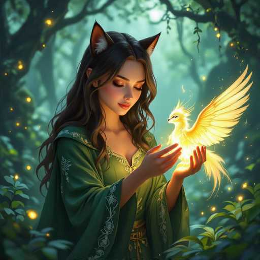The image depicts a young woman with long, dark brown hair adorned with fox-like ears, featuring white fur inside. She is dressed in a green gown with intricate white embroidery along the sleeves and collar, and a gold belt cinches her waist. The woman stands in a lush, magical forest, surrounded by green leaves and glowing yellow lights that resemble fireflies. In her hands, she cradles a luminous yellow bird, possibly a phoenix, with large, outstretched wings and a long tail. The bird's eyes are closed, and it appears to be emitting a radiant light that illuminates the woman's face. The scene is filled with an ethereal atmosphere, enhanced by the glowing yellow lights scattered throughout the forest.