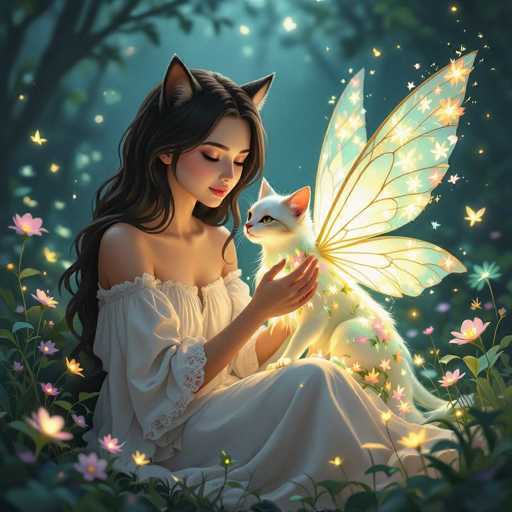 The image is a detailed, computer-generated illustration of a young woman with long, dark brown hair and cat ears, sitting in a lush, green forest. She is wearing a white, off-the-shoulder dress with lace detailing at the sleeves and bottom. The woman is holding a white cat with yellow eyes and delicate, translucent wings adorned with golden veins and small flowers. The cat's wings are illuminated, casting a magical glow. Surrounding them are vibrant pink and purple flowers, along with numerous glowing butterflies and fireflies that add to the enchanting atmosphere. The background features a dark blue sky with silhouettes of trees, enhancing the mystical and serene setting.