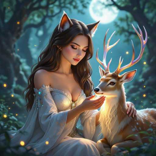 In this enchanting, AI-generated fantasy image, a young woman with long, flowing brown hair and striking cat ears sits gracefully in a lush forest. She wears a flowing white dress adorned with intricate blue and purple gemstones, exuding an ethereal aura. Her eyes are closed, and her expression is serene as she cradles a majestic deer in her lap. The deer, with its light brown fur, white chest, and large, majestic antlers that shimmer in hues of purple and yellow, gazes up at her adoringly. The scene is illuminated by a full moon, casting a soft glow over the woman's face and the surrounding forest, which is filled with tall trees and vibrant green leaves. Scattered throughout the image are glowing yellow orbs, adding to the mystical atmosphere. The woman's cat ears, pink on the inside and tipped with white fur, enhance her otherworldly appearance, making her seem like a mystical forest creature.