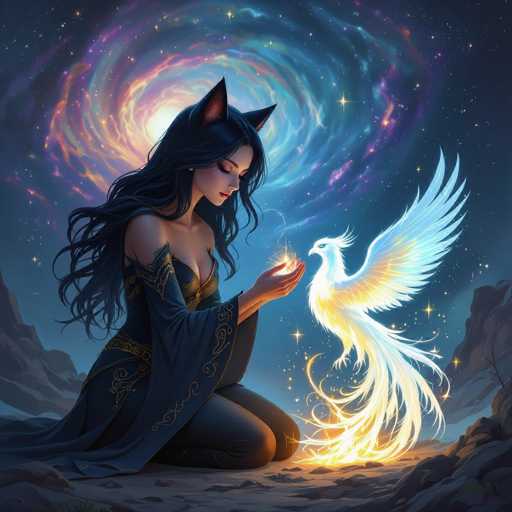 The image depicts a highly detailed, computer-generated scene of a young woman with long, flowing black hair and cat-like ears, kneeling on a rocky surface. She is adorned in a dark blue, low-cut dress with intricate gold designs, and her eyes are closed as she gazes down at a glowing, magical bird perched on her hand. The bird, which resembles a phoenix, has a striking blue head, a yellow body, and a tail that transitions from yellow to white, with its wings spread wide. Surrounding them are numerous stars and a vibrant, swirling galaxy in shades of purple, blue, and pink, creating a mystical atmosphere. The scene is set against a backdrop of a dark night sky, with the galaxy's light casting an ethereal glow over the entire image.
