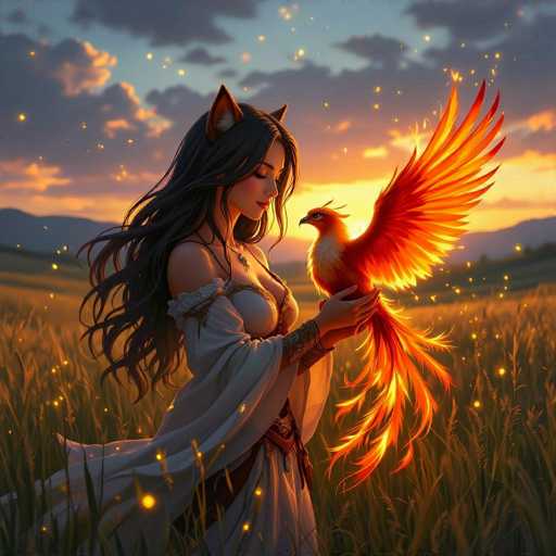 A woman with long, flowing black hair and fox ears gently cradles a vibrant, fiery-feathered bird in a golden field at sunset. The scene is bathed in warm light, with glowing particles floating around them, creating a magical, ethereal atmosphere. The art style is digital painting, emphasizing soft lighting and detailed textures.
