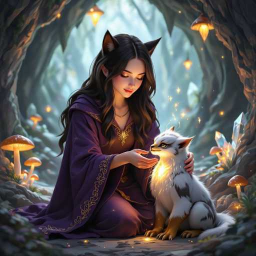 In this captivating fantasy illustration, a young woman with long, dark hair and pointed ears reminiscent of a fox or cat gazes down at a small, white and gray fox-like creature nestled in her lap. She is adorned in a flowing purple robe with intricate gold embroidery along the sleeves and hem, and a hood that drapes elegantly behind her. Her eyes are closed, and a gentle smile graces her face as she cradles the glowing creature, which emanates a magical light from its chest. The scene is set within a mystical cave, where the walls are lined with glowing mushrooms and crystal-like structures that cast a soft, ethereal light. The background is filled with more trees and glowing lights, enhancing the enchanted atmosphere. The woman's pointed ears and the magical aura surrounding her and the creature suggest a deep connection to nature and magic, making this image a stunning depiction of fantasy wonder.
