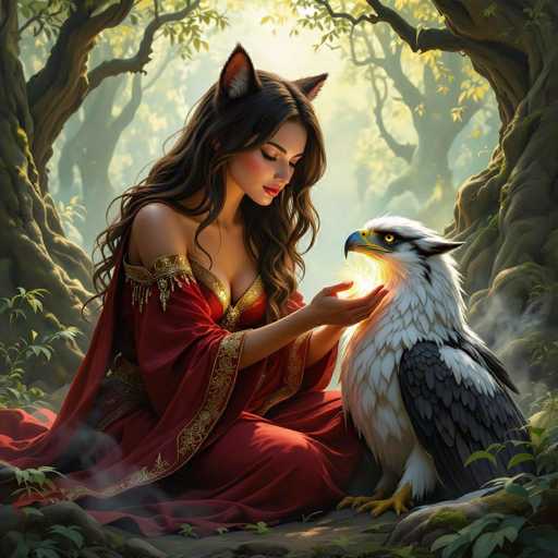 In this captivating fantasy illustration, a young woman with long, dark brown hair and striking cat ears sits gracefully on the forest floor. She is adorned in a sumptuous red dress, intricately detailed with gold embroidery along the edges and a flowing cape. Her eyes are closed, and she gazes downward, her expression serene and contemplative. In her hand, she cradles a majestic white bird, possibly an eagle or a hawk, distinguished by its black wings, yellow feet, and a sharp black beak. The bird's golden eyes are open, and it appears to be emitting a mystical light from its chest, which the woman seems to be absorbing. The scene is set in a lush, sunlit forest, with tall trees and vibrant greenery surrounding them, creating a magical and enchanting atmosphere.