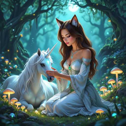 In this enchanting, fantasy-themed illustration, a young woman with long, flowing brown hair and cat-like ears sits gracefully on the ground, her eyes closed in serene contemplation. She wears a flowing white dress adorned with intricate green and blue details, and a matching necklace that complements her ethereal appearance. Her ears are a striking blend of brown and white, adding to her mystical aura. 

To her left, a majestic white unicorn lies on the grass, its horn glowing with a soft blue light. The unicorn's eyes are open, gazing up at the woman with a gentle, curious expression. Surrounding them are numerous glowing mushrooms, casting a warm, magical light over the scene. The background features towering trees with lush green foliage, and a full moon shines brightly from the top center of the image, enhancing the otherworldly atmosphere. The overall composition exudes a sense of tranquility and wonder, drawing viewers into this captivating, magical world.
