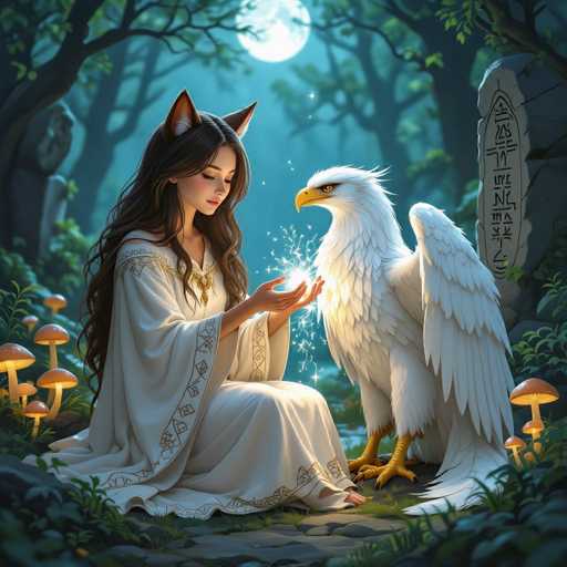 In this enchanting nighttime forest scene, a young woman with long brown hair and fox-like ears sits gracefully on a stone path. She is adorned in a flowing white gown with intricate gold embroidery along the sleeves and hem, exuding an ethereal aura. Her eyes are closed as she extends her hands, palms up, and from them emerges a magical sparkly light. Beside her stands a majestic white eagle with a golden beak and feet, its wings partially extended and gazing intently at the light. The moon casts a soft glow over the scene, illuminating the surrounding trees and the ground. To the right of the woman, a stone monument with ancient symbols adds an air of mystery, while to her left, glowing mushrooms light up the forest floor. The entire image is a beautifully detailed digital illustration, capturing a moment of mystical connection between the woman and the eagle.