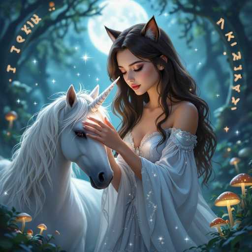 This detailed digital artwork depicts a young woman with long, dark brown hair and cat-like ears, standing in a mystical forest. She is wearing a white, lacy dress with long sleeves that sparkle with glitter, and her nails are painted pink. The woman is gently petting the head of a white unicorn, which has a black nose, black eyes, and a single horn. The unicorn's mane is white, and it has small ears. The woman and the unicorn are surrounded by glowing red mushrooms with yellow lights emanating from them, set against a backdrop of green trees and a large, bright full moon. The scene is filled with stars, adding to the enchanting atmosphere. There is also some text in a foreign language, possibly Russian, written in a circular pattern around the image.