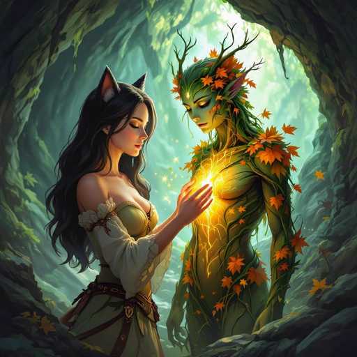 In this captivating fantasy illustration, two female characters stand in a mystical forest setting. The character on the left is a human with long, flowing black hair adorned with cat ears. She wears a green dress with white sleeves and a brown belt, and her eyes are gently closed as she places her hand on the chest of the other character. The second character, to the right, is a fantastical being with green skin and leafy features. She has orange leaves scattered across her body and tree branches sprouting from her head. Her eyes are also closed, and a radiant light emanates from her chest, connecting with the hand of the human character. The background is a lush forest with a circular opening that allows sunlight to filter through, casting a magical glow on the scene. The overall atmosphere is serene and enchanting, blending elements of nature and fantasy.