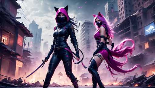 In this detailed, computer-generated image, two female characters stand in a post-apocalyptic cityscape filled with rubble and debris. The sky above is cloudy, adding to the desolate atmosphere. The character on the left is dressed in a sleek, black leather catsuit with a pink hood that features cat ears. She wears a black mask covering her nose and mouth, and her long black hair flows behind her. She wields a sword in her right hand and has a knife strapped to her left thigh. The character on the right is adorned in a pink leather catsuit with a matching pink hood and cat ears. She has long, flowing pink hair and a black mask. Her outfit includes thigh-high black boots and a black belt. She holds a whip in her right hand and has a knife strapped to her left thigh. Both characters are poised for action, with the city's ruined buildings and scattered flames forming a dramatic backdrop.