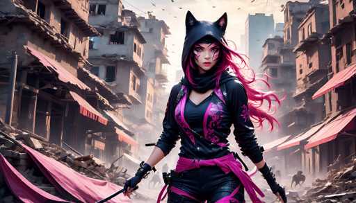 The image depicts a highly detailed, computer-generated scene of a female character standing in the middle of a war-torn city. She is dressed in a black leather outfit adorned with pink accents, including a pink belt and pink stripes on her jacket. Her long, flowing pink hair cascades down her back, and she wears a black hood with cat ears. The character's face is marked with distinctive pink tattoos, and she has a gun holstered on her right side. She holds a sword in her right hand, while her left hand remains empty. The background reveals a city in ruins, with buildings crumbling and debris scattered around. Pink fabric is strewn across the ground, and a few animals can be seen amidst the destruction. The sky above is filled with birds, adding to the chaotic atmosphere. The overall scene suggests a post-apocalyptic setting, possibly from a video game or animated movie.