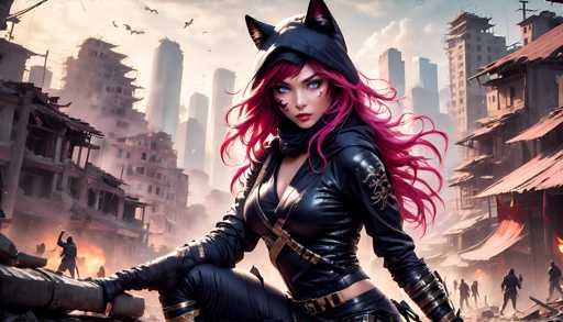 The image depicts a highly detailed, computer-generated scene of a futuristic city in chaos. In the foreground, a striking female character with long, flowing pink hair and cat-like ears stands confidently. She is dressed in a sleek, black leather catsuit adorned with gold accents, including a hood, gloves, and straps that crisscross her chest. Her piercing blue eyes and red lipstick add to her fierce appearance. She appears to be perched on a motorcycle, with her right hand gripping the handlebars and her left hand resting on her thigh. The background reveals a cityscape in disarray, with numerous tall buildings, some of which are partially collapsed or on fire. People can be seen running amidst the destruction, and birds are flying overhead. The overall atmosphere is dark and smoky, enhancing the sense of a post-apocalyptic world.