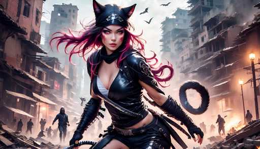 The image depicts a highly detailed, computer-generated scene of a post-apocalyptic cityscape. In the foreground stands a striking female character with long, flowing purple hair and cat-like ears protruding from a black headband. Her eyes are a vivid red, and she wears a form-fitting black leather outfit that includes a cropped jacket, gloves, and a short skirt. A black tail emerges from her back, adding to her feline appearance. She wields a sword in her right hand, poised for battle.

The background reveals a dilapidated urban environment with numerous tall buildings in various states of disrepair, some appearing to be on fire. The sky is filled with flying bats, enhancing the ominous atmosphere. On the ground, a group of armed individuals dressed in dark clothing and hoods are seen approaching the central figure, suggesting an imminent confrontation. The scene is illuminated by streetlights, casting a dim glow over the chaotic setting.