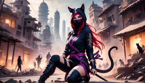 A cyberpunk-style warrior in a black cat-themed outfit kneels amidst a ruined, neon-lit cityscape. The scene is filled with other figures in the background, suggesting a post-apocalyptic or dystopian setting. The art style is highly detailed and atmospheric, with a focus on dramatic lighting and a sense of action.