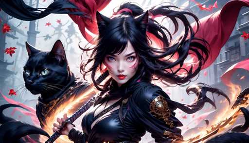 The image depicts a striking, computer-generated female character with long, flowing black hair adorned with cat ears. She is dressed in a sleek, black leather outfit that accentuates her chest. Her face is marked by distinctive red paint on her cheeks, complementing her vivid red lips. In her right hand, she wields a sword, while a flowing red cape billows dramatically behind her. To her left stands a black cat, mirroring her attire with a matching black leather outfit and cat ears. The background features a serene, misty forest with red maple leaves scattered throughout, adding a touch of natural beauty to the scene.