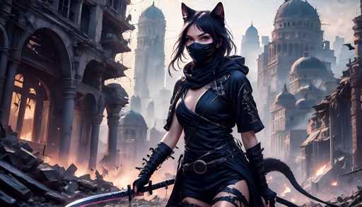 The image depicts a highly detailed, computer-generated scene of a female character standing in the foreground of a devastated cityscape. The character is dressed in a sleek, black outfit that includes a mask covering the lower half of her face, cat ears atop her head, and a tail extending from her back. She wears fingerless gloves and a black dress with a hood, complemented by a belt around her waist. In her right hand, she holds a sword, while her left hand remains empty. The background reveals a city in ruins, with crumbling buildings and debris scattered around. Fire can be seen burning in the distance, adding to the chaotic atmosphere. The sky above is a light blue, contrasting with the destruction below. The overall scene suggests a post-apocalyptic setting, possibly from a video game or an animated movie.