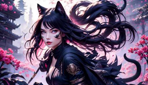 The image depicts a highly detailed, computer-generated female character with striking features. She has long, flowing black hair adorned with cat ears, and her blue eyes are accentuated by black markings on her cheeks. Her lips are painted a vivid red. She is dressed in a black outfit that includes a cape and a long-sleeved shirt, which features a gold emblem on the shoulder and a gold band around the wrist. A black tail extends from her back, adding to her feline appearance. The character is holding a stick in her right hand. Surrounding her are pink flowers, and in the background, there are traditional Japanese-style buildings with curved roofs. The scene is set against a backdrop of trees and a sky filled with pink petals, creating a whimsical and enchanting atmosphere.