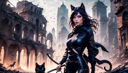 The image depicts a striking, computer-generated scene of a young woman with cat-like features, standing in the foreground of a ruined city. She has long, flowing black hair adorned with cat ears, and her blue eyes are accentuated by her red lips. She is dressed in a sleek, black leather catsuit that covers her entire body, complete with a cape that billows behind her. A black cat sits beside her, adding to the feline theme. The woman wields a sword in her right hand, and a black tail extends from her back. The background reveals a cityscape of tall, ancient buildings, some with domed roofs, that are in various states of decay. The sky is filled with birds, and the overall atmosphere is one of desolation and abandonment, with debris scattered around. The scene evokes a sense of a post-apocalyptic world, reminiscent of a video game setting.
