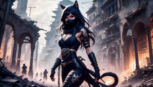 The image depicts a highly detailed, computer-generated scene of a female character standing in the middle of a ruined cityscape. She is dressed in a sleek, black leather outfit that includes a mask covering the lower half of her face, leaving her striking blue eyes visible. Her long black hair flows down her back, and she has cat-like ears protruding from the top of her head. She wears fingerless gloves that extend up to her elbows and a belt with a skull buckle. In her right hand, she wields a sword, while her left hand holds a chain that appears to be connected to a tail-like extension of her outfit. The background reveals a city in disarray, with broken buildings and archways, some of which are engulfed in flames. Other figures, similarly clad in black leather and wearing cat ears, can be seen in the distance, adding to the post-apocalyptic atmosphere. The sky above is a mix of blue and white clouds, enhancing the dramatic and desolate setting.