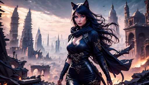 The image depicts a highly detailed, computer-generated scene of a young woman standing in the foreground of a destroyed cityscape. She has long, flowing black hair that cascades down her back and is adorned with cat ears, giving her a feline appearance. Her striking blue eyes and red lips contrast sharply with her pale skin. She is dressed in a black leather outfit, complete with fingerless gloves and a cape that billows behind her. The outfit features intricate gold accents, particularly around her midriff and on her shoulders. The background reveals a city in ruins, with various buildings and structures in disrepair, some engulfed in flames. The sky above is filled with dark, ominous clouds, adding to the overall sense of desolation and chaos in the scene.