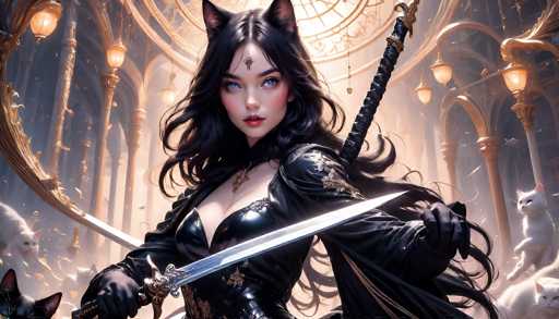 In this captivating fantasy illustration, a striking female cat character stands poised in a grand, ornate hall. She is adorned in a sleek black leather catsuit, accentuated with elegant gold embellishments. Her long, flowing black hair cascades down her back, and she wears a pair of cat ears that complete her feline appearance. Her piercing blue eyes and red lips add to her fierce and mesmerizing presence.

In her right hand, she wields a gleaming silver sword, while her left hand grips a large, intricately designed black sword with a gold handle. The hall around her is adorned with golden arches and columns, each topped with a glowing lantern, casting a warm, ethereal light throughout the space. Adding to the magical ambiance, several white cats are scattered around the hall, enhancing the mystical and regal atmosphere of the scene.