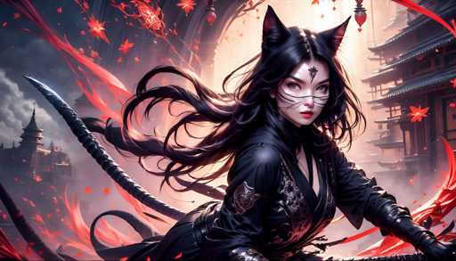 The image depicts a striking female character with long, flowing black hair that appears to be caught in the wind. She has distinct cat-like features, including black cat ears and whiskers extending from her cheeks. Her eyes are a captivating grayish-blue, and she wears a black shirt adorned with intricate silver designs. A notable symbol is present on her forehead, adding to her mystical appearance. She is holding a long, black sword, and her attire includes black gloves that extend up to her elbows. The background features a dramatic scene with red and orange flames, set against a backdrop of gray clouds. To the right, there is a traditional Japanese-style building, while on the left, another structure with a pointed roof can be seen. The overall composition creates a dynamic and intense atmosphere, highlighting the character's powerful presence.
