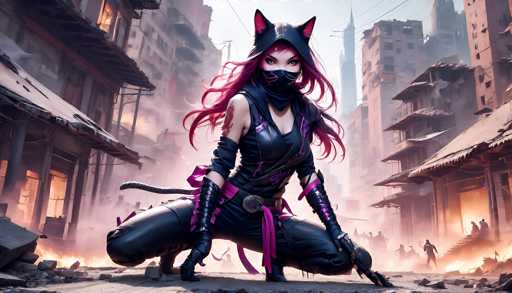 The image depicts a highly detailed, computer-generated scene of a female character in a futuristic, post-apocalyptic setting. She is crouched on a gray, debris-strewn ground, surrounded by tall, dilapidated buildings that evoke a sense of abandonment and decay. The character is dressed in a sleek, black leather outfit, complete with a mask that covers her nose and mouth, and a hood adorned with cat ears. Her long, flowing red hair contrasts sharply with her dark attire. She wears black gloves that extend up to her elbows, and a pink belt cinches her waist. A distinctive red tattoo is visible on her right shoulder. Her eyes are a striking blue, adding to her fierce appearance. In the background, a chaotic scene unfolds with people wielding weapons, some running and others engaged in combat, while fires rage in several buildings. The overall atmosphere is one of tension and destruction, with the character poised as if ready to leap into the fray.