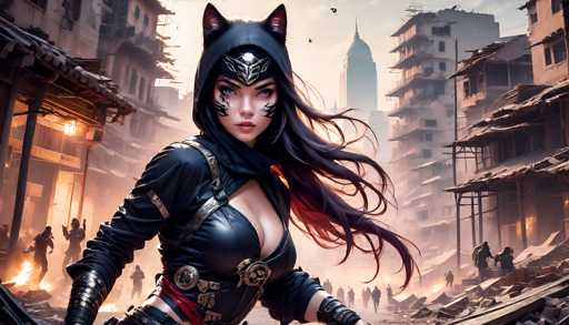 A fierce, cyberpunk-style warrior with cat ears and glowing eyes dominates the foreground. She's clad in a dark, armored outfit amidst a ruined cityscape filled with smoke and debris. The background features a chaotic, dystopian urban environment with other figures engaged in conflict. The art style is highly detailed and dramatic, emphasizing a sense of action and post-apocalyptic intensity.