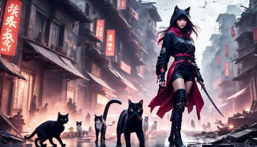 A cyberpunk-style scene unfolds in a bustling, neon-lit city street. A woman with black cat ears and a dark outfit stands prominently in the foreground, holding a glowing katana. Several black cats with glowing eyes are gathered around her, some appearing to be companions or part of a group. The background features a chaotic cityscape with damaged buildings, smoke, and other figures in the distance, creating a sense of action and urban fantasy. The overall art style is detailed and atmospheric, with a focus on dramatic lighting and a slightly gritty aesthetic.
