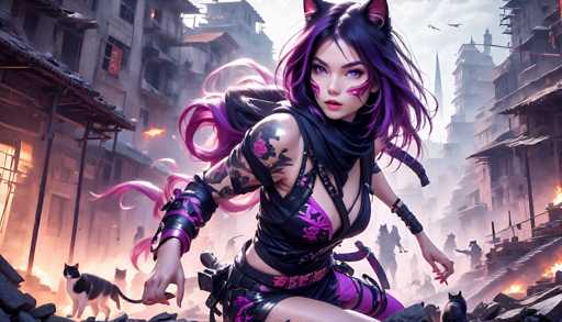 A cyberpunk-style warrior with vibrant purple hair and cat ears dominates a chaotic, ruined cityscape. She's in a dynamic crouch, surrounded by smoke and debris, with feline companions at her feet. The art style is highly detailed and fantastical, emphasizing a blend of futuristic technology and traditional Japanese aesthetics.