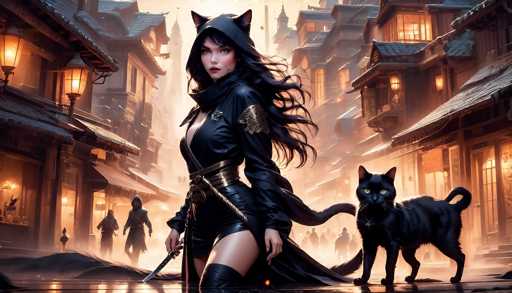 A captivating digital painting depicts a stylish, dark-haired woman in a black hooded outfit with cat ears standing prominently in the foreground. She holds a glowing sword and is accompanied by a sleek black cat with glowing eyes, both looking towards the viewer. The background showcases a bustling, atmospheric fantasy city street at night, with warm lanterns casting a soft glow on the cobblestone and buildings. The overall art style is highly detailed, with a focus on dramatic lighting and a slightly painterly texture.