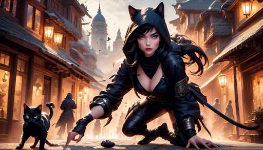 A captivating digital painting depicts a stylish, black cat-girl character in a dark leather outfit crouching amidst a bustling, fantastical Japanese street. She's the central focus, with her feline ears and tail adding to her enigmatic presence. The background showcases a vibrant, detailed cityscape bathed in warm light, with other figures and buildings adding depth. The art style is a blend of anime and fantasy, emphasizing dramatic lighting and intricate details.